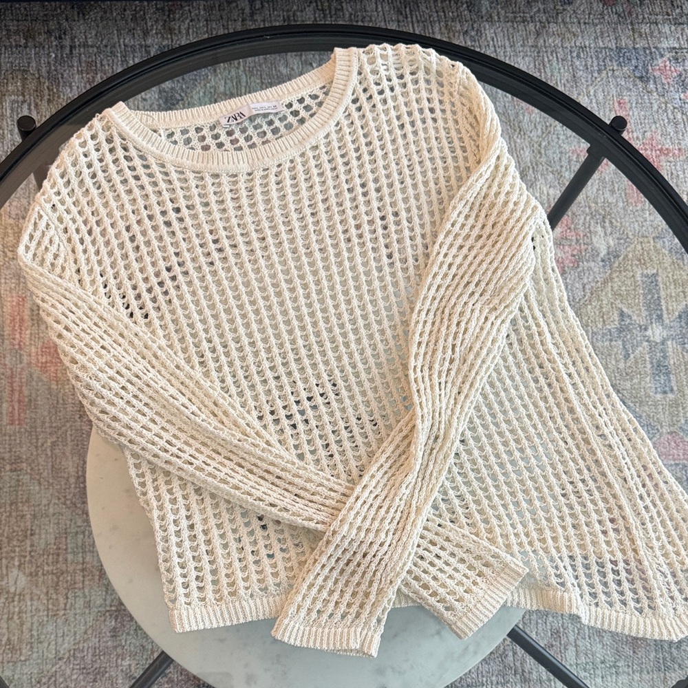 Zara Women's Cream Mesh Knit Sweater Size L